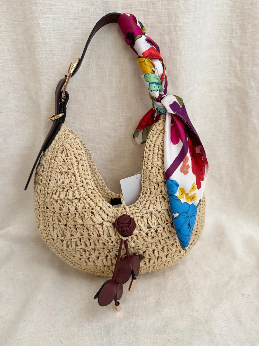 H&M Natural Woven Hobo with Multicolor Floral Scarf